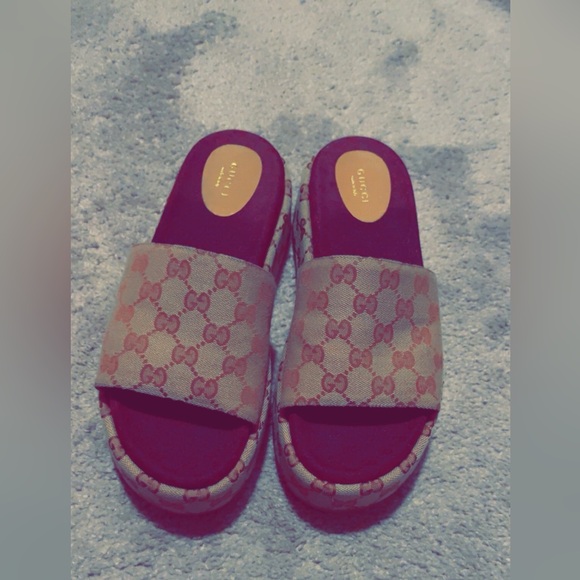 Gucci Shoes - Gucci Beige Brown Monogram Slide Sandals